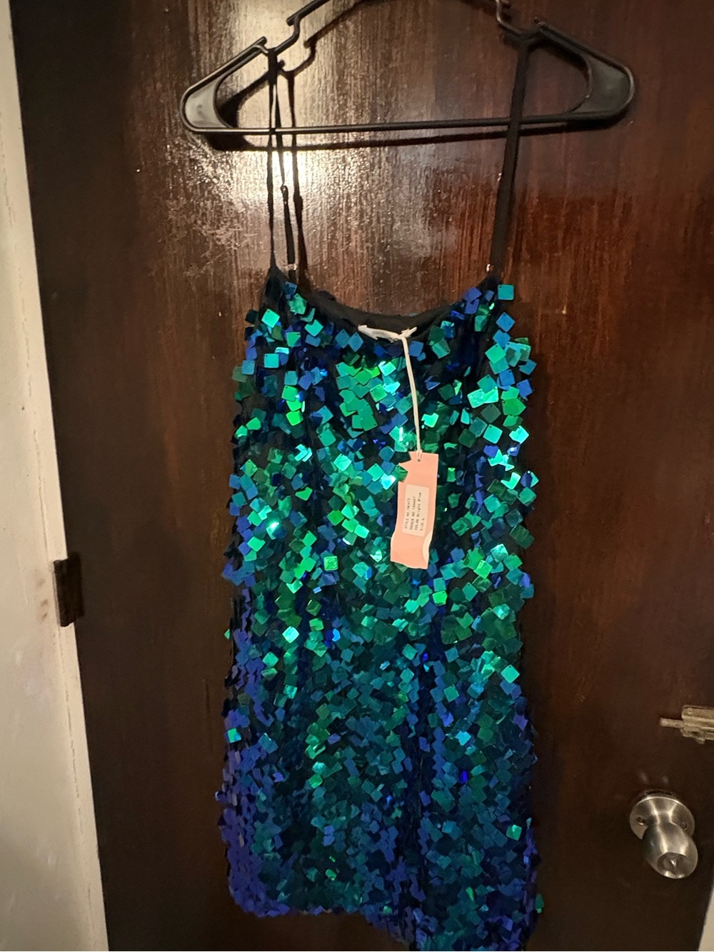 NWT Iridescent Blue-Green Sequin Mini Slip Dress. Size 6.